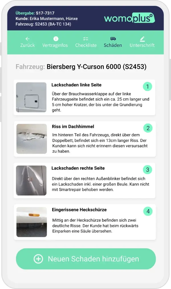 Übergabe- und Rücknahme-App - Übsicht Schäden