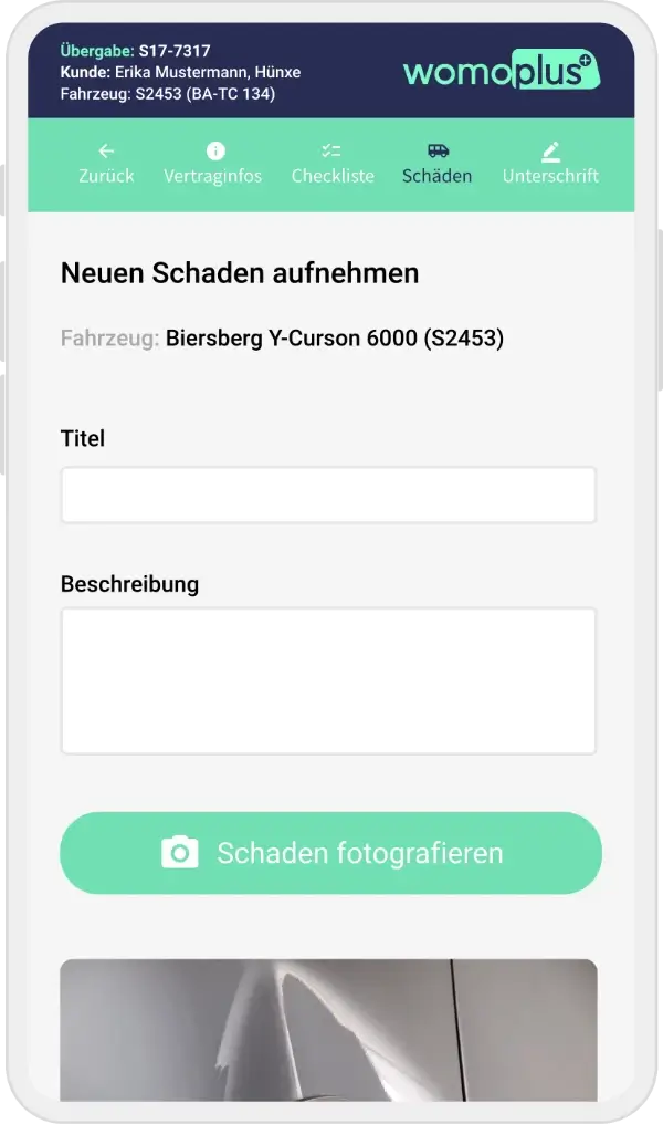 Übergabe- und Rücknahme-App - Neuen Schaden aufnehmen